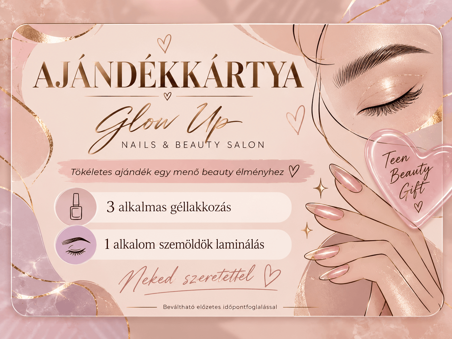 Glow Up Nails & Beauty Salon ajándékkártya – személyre szabott szépségélmény